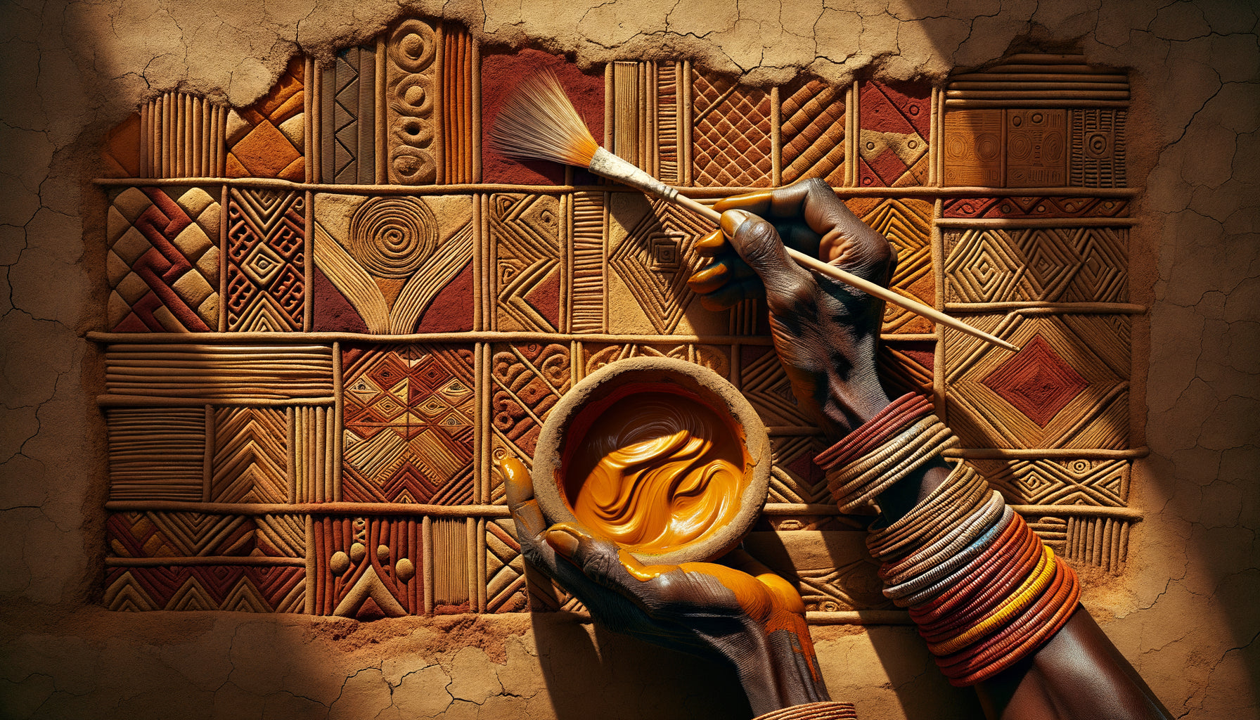 Application de peinture murale africaine traditionnelle avec liants végétaux naturels sur mur en terre, technique ancestrale
