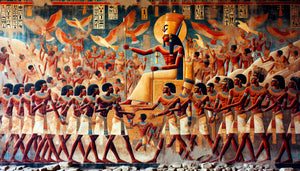 Peinture murale antique kushite représentant des prisonniers de guerre devant le pharaon nubien, style artistique méroïtique