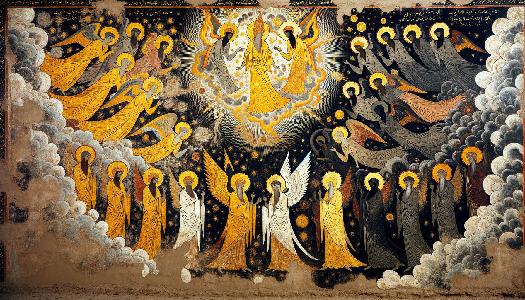 Fresque murale manichéenne antique illustrant le dualisme lumière-ténèbres, style perse-centre-asiatique 7ème-9ème siècle