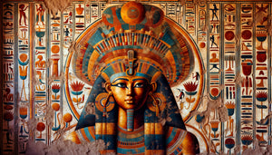 Fresque funéraire antique de Méroé montrant une divinité syncrétique égypto-nubienne aux couleurs ocre et indigo caractéristiques