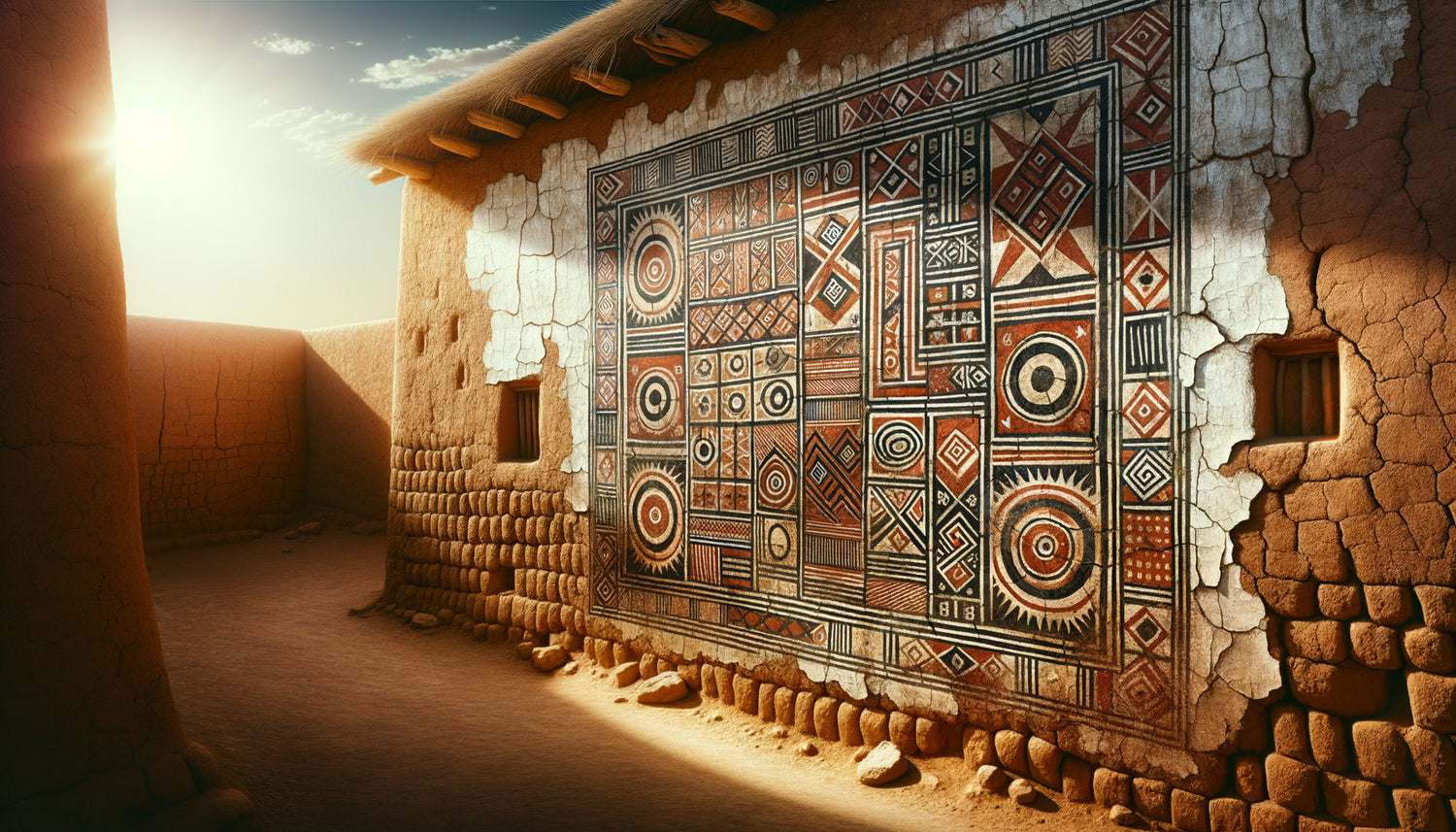 Peinture murale sahélienne ancienne avec motifs géométriques traditionnels sur mur en terre, dégradations visibles causées par l'humidité