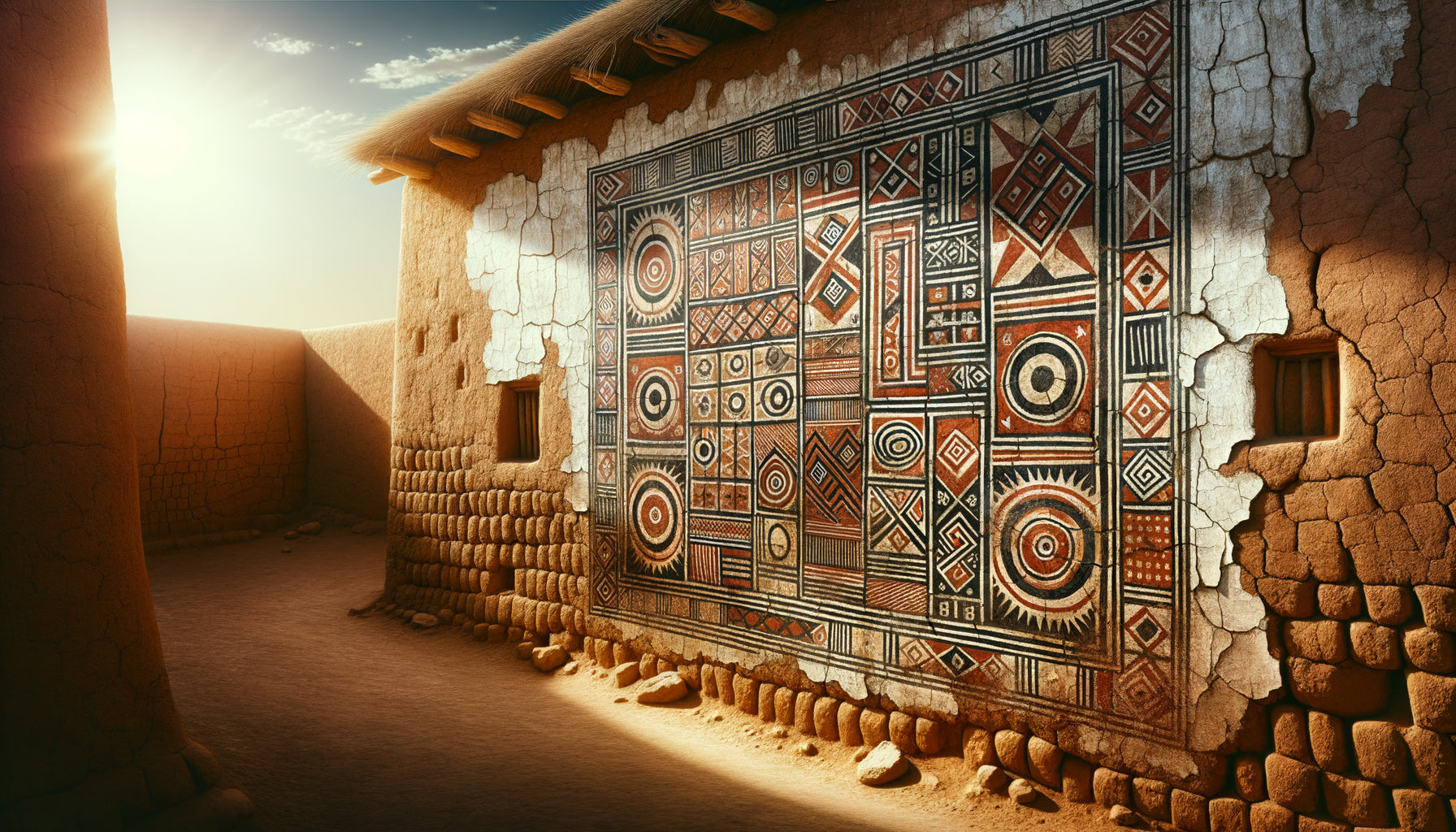 Peinture murale sahélienne ancienne avec motifs géométriques traditionnels sur mur en terre, dégradations visibles causées par l'humidité