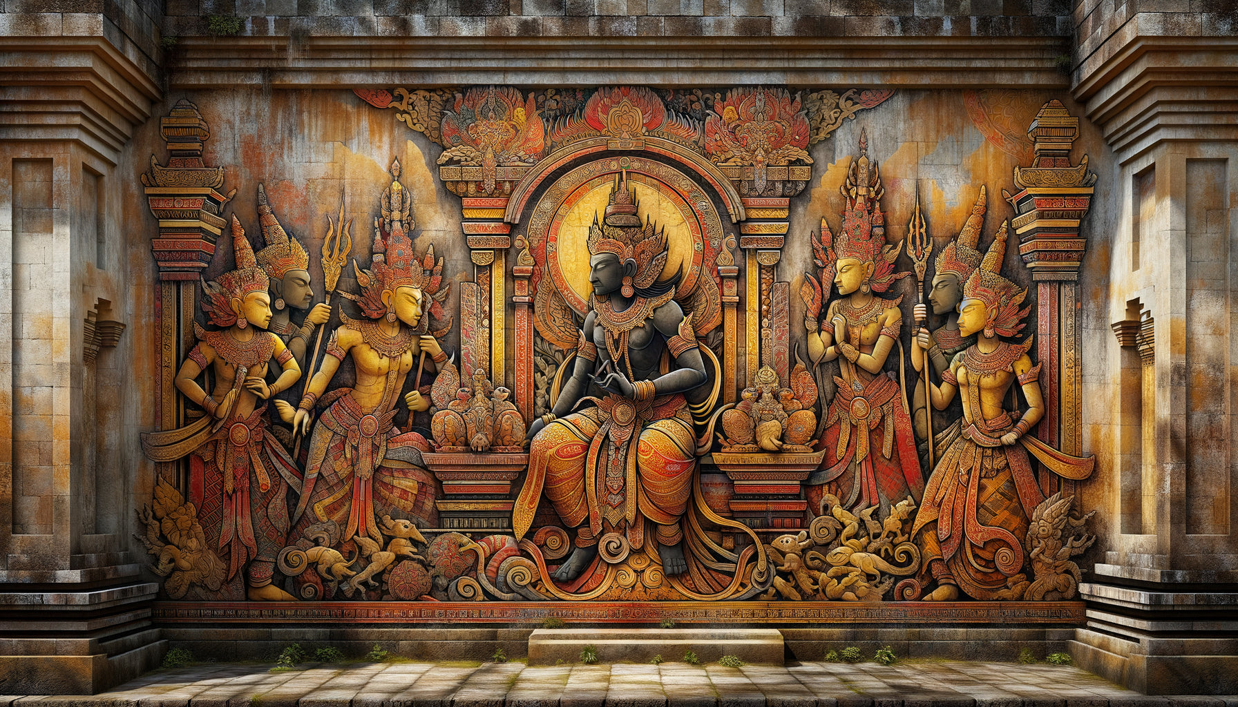 Fresque murale javanaise ancienne avec contours noirs accentués style wayang, figures stylisées aux silhouettes graphiques