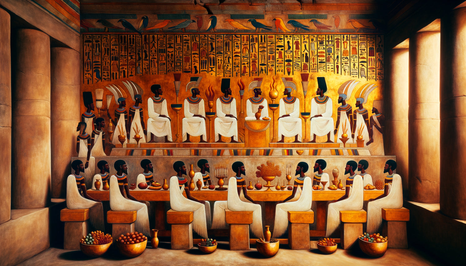 Fresque funéraire méroïtique antique représentant une scène de banquet éternel, style nubien circa 100 av. J.-C.