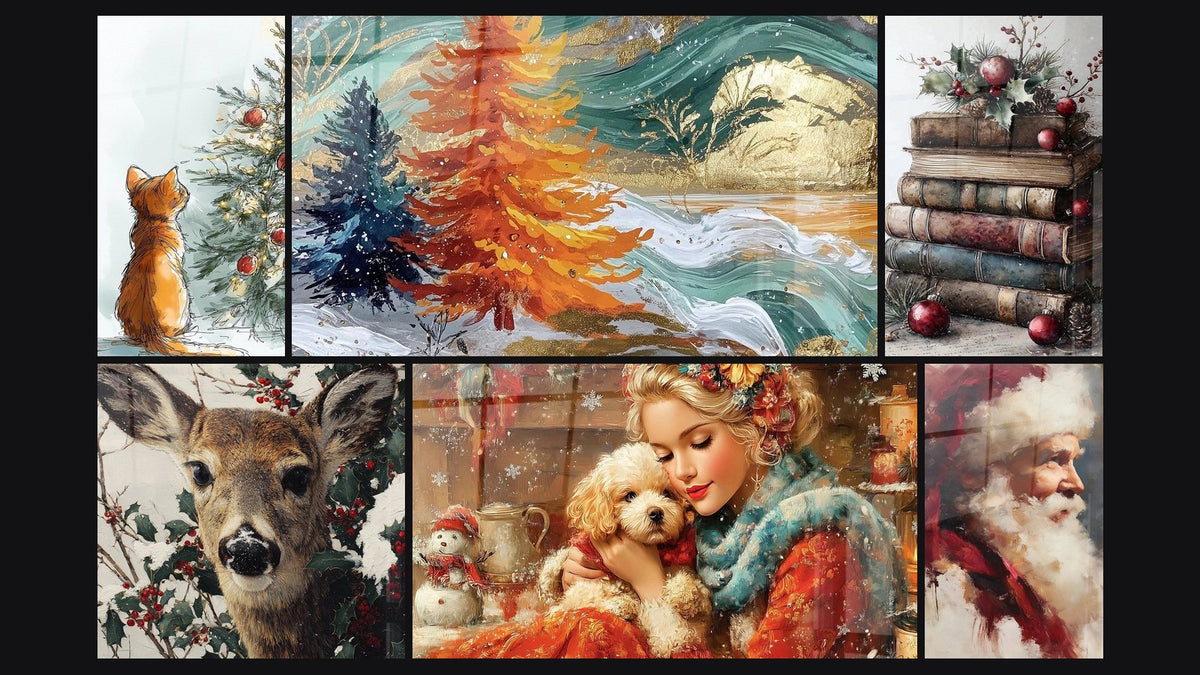 Mosaïque de six tableaux, dont Cerf Merveille de Décembre et Femme Chien Berceuse des Hivers Tendres