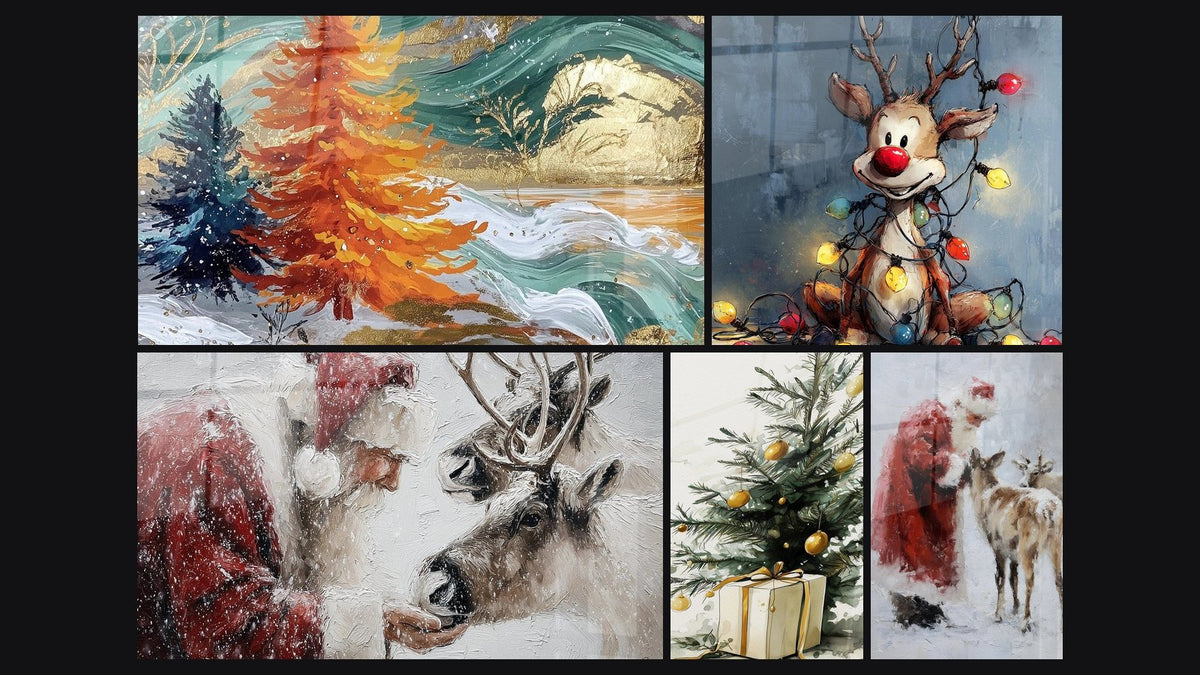 Mosaïque de cinq tableaux, dont Paysage Souffle du père Noël et Renne Brillance nocturne