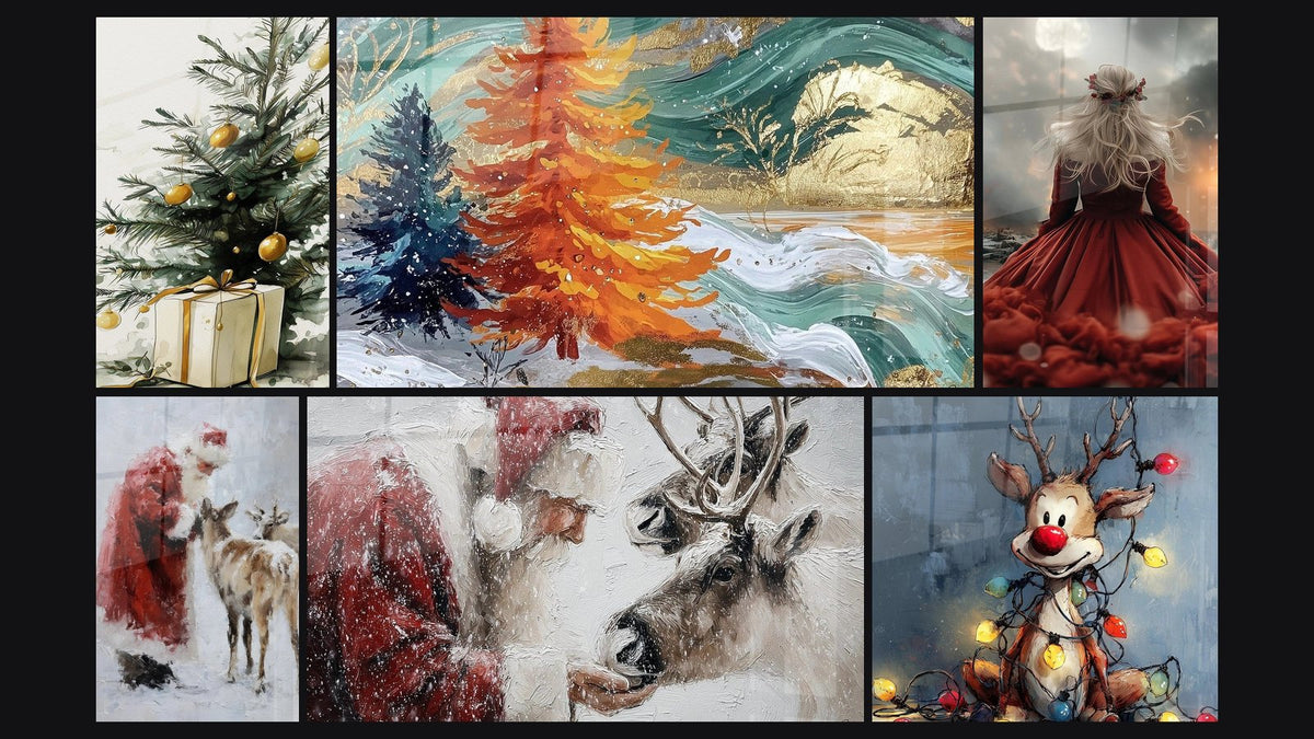 Mosaik aus sechs Gemälden, darunter Tannenbaumalerei Goldene Hängende Lichter und Landschaft Atem des Weihnachtsmanns