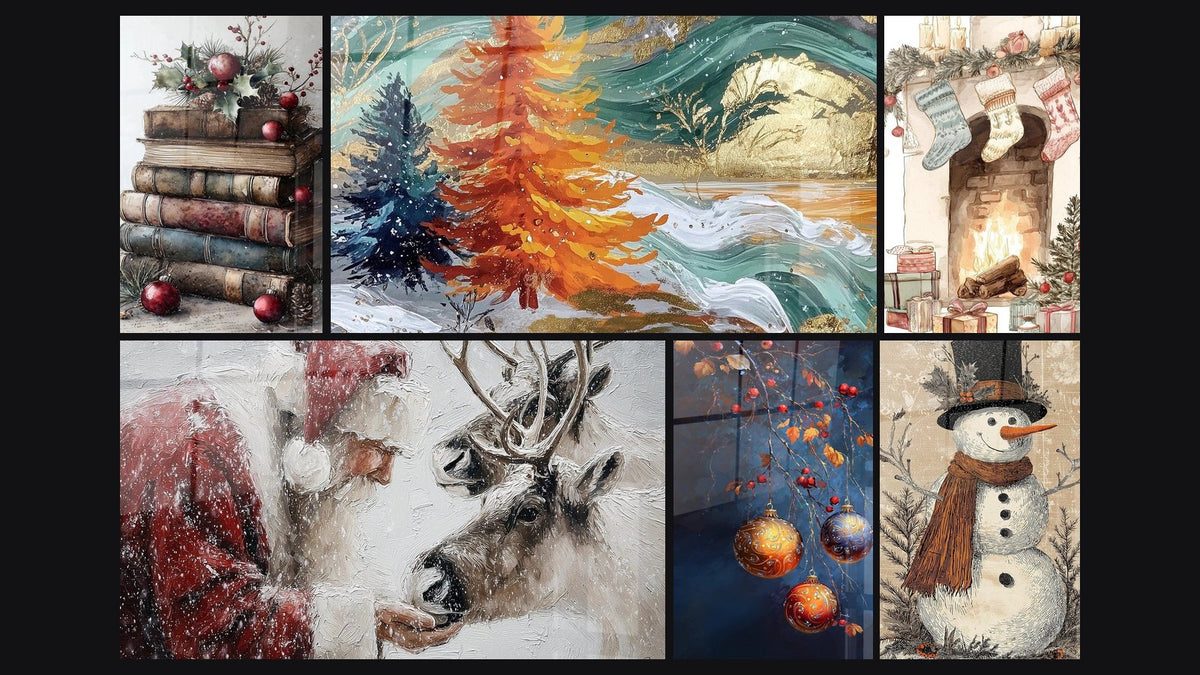 Mosaik aus sechs Gemälden, darunter Bücher Erbe der Ahnen-Feiertage und Landschaft Atem des Weihnachtsmanns