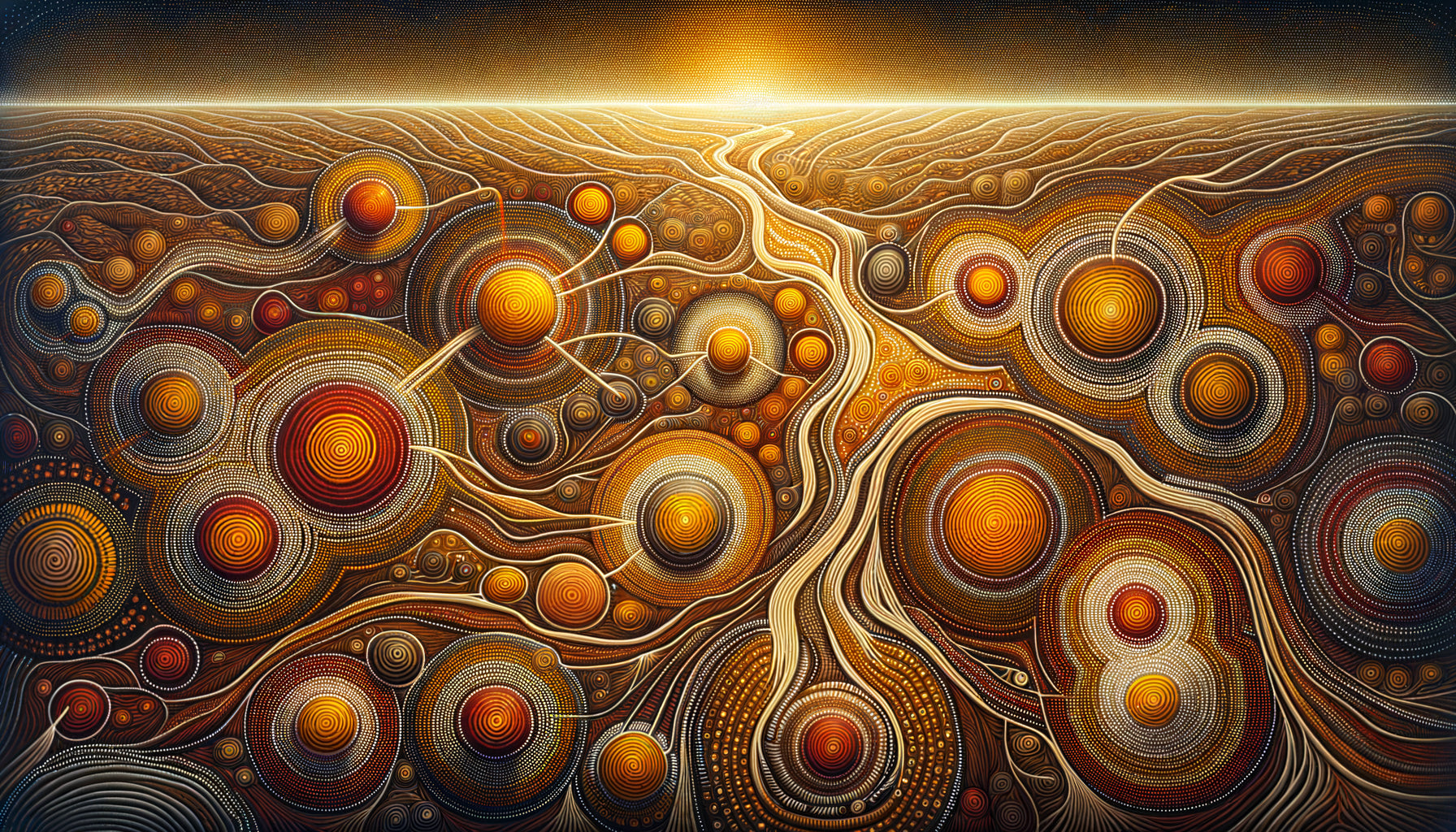 Peinture aborigène australienne traditionnelle en perspective aérienne, motifs en points ocre représentant cartographie spirituelle du Temps du Rêve