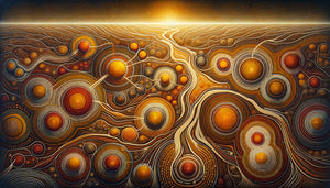 Peinture aborigène australienne traditionnelle en perspective aérienne, motifs en points ocre représentant cartographie spirituelle du Temps du Rêve