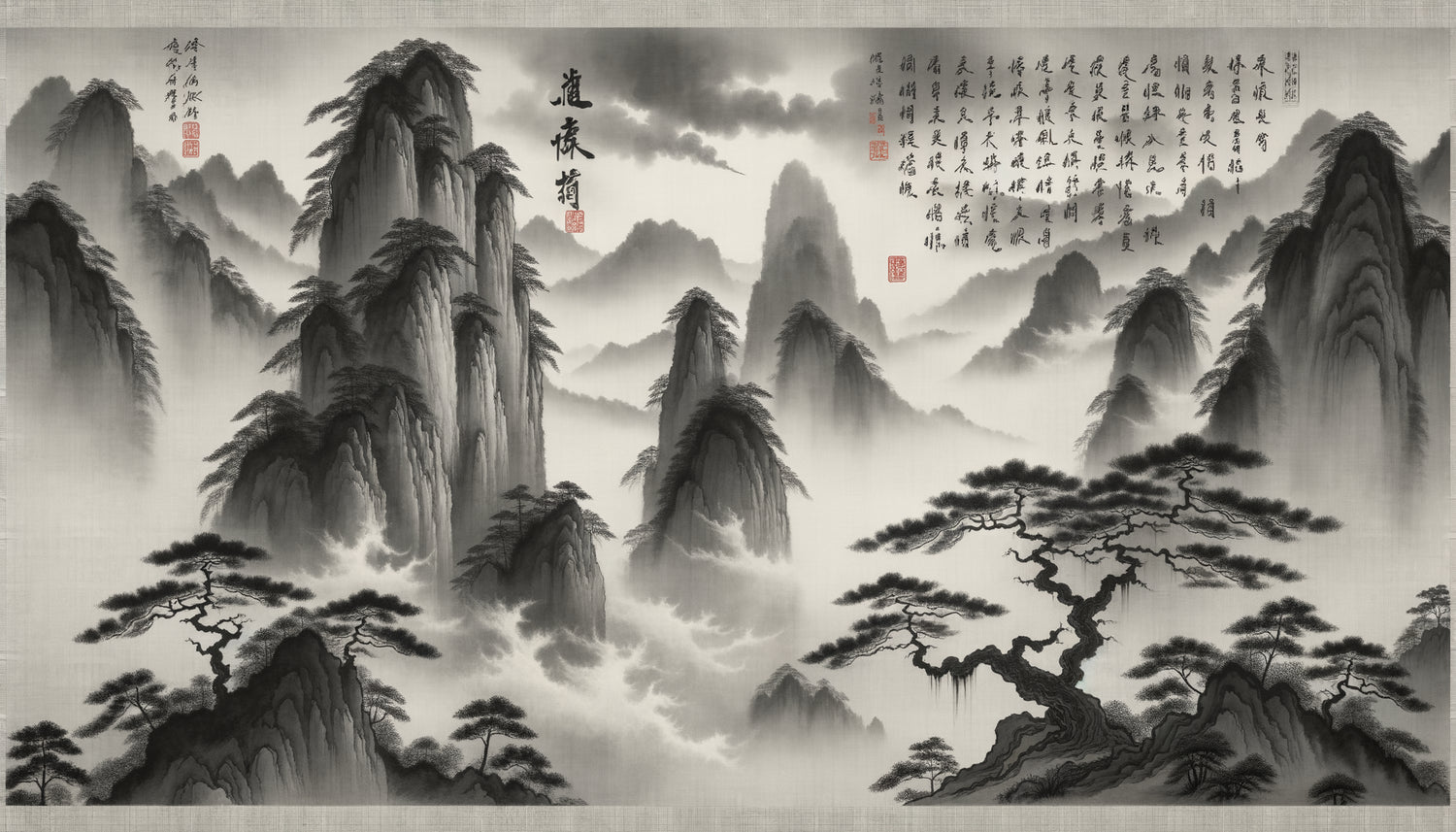 Peinture de paysage chinoise dynastie Song avec calligraphie poétique, montagnes brumeuses à l'encre et espaces vides contemplatifs