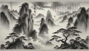 Peinture de paysage chinoise dynastie Song avec calligraphie poétique, montagnes brumeuses à l'encre et espaces vides contemplatifs
