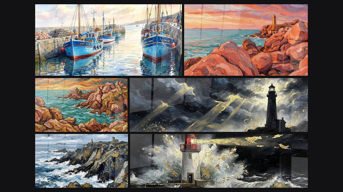 Mosaïque de six tableaux, dont Port de Pêche Breton, Côte Rocheuse Bretonne et Côte Bretonne au Phare