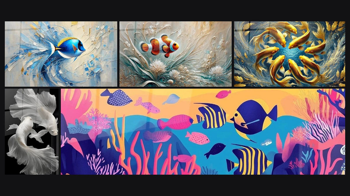 Mosaik aus fünf Gemälden, darunter Eleganz der Strömungen, Bettafische und Botschafter der Anemonen
