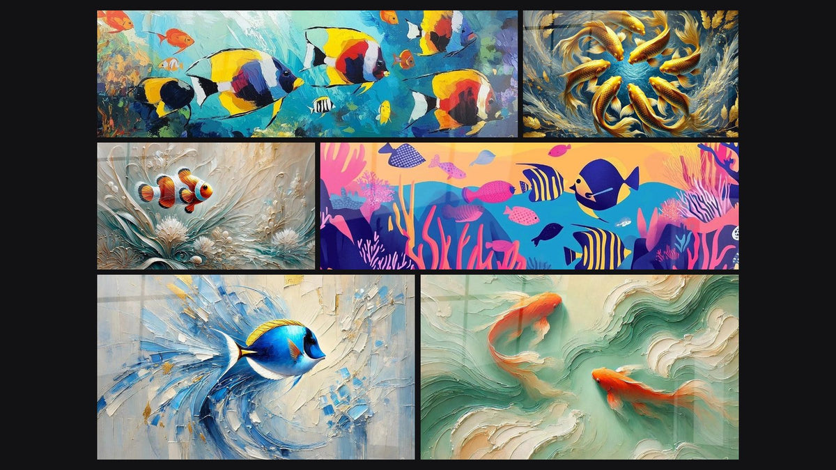 Mosaik aus sechs Gemälden, darunter Fischfestival-Kunstwerk Unterwasserwelt und Botschafter der Anemonen