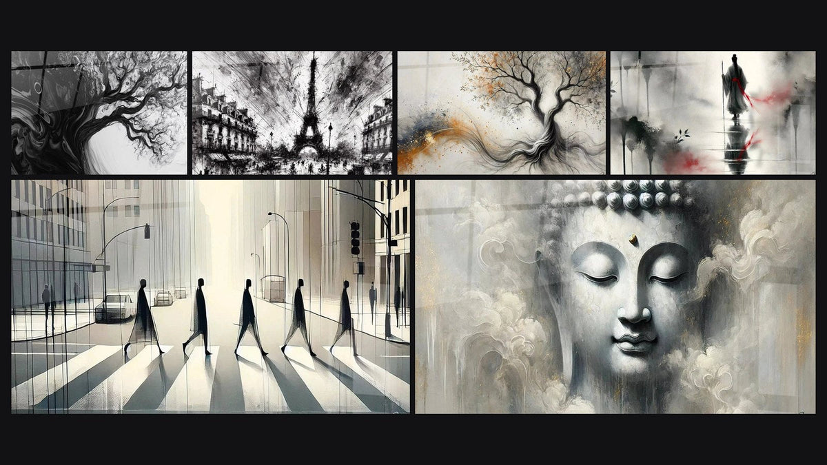 Mosaic of six paintings, including The Buddha's Dream, The Spirit of Nature and The Path of Awakening