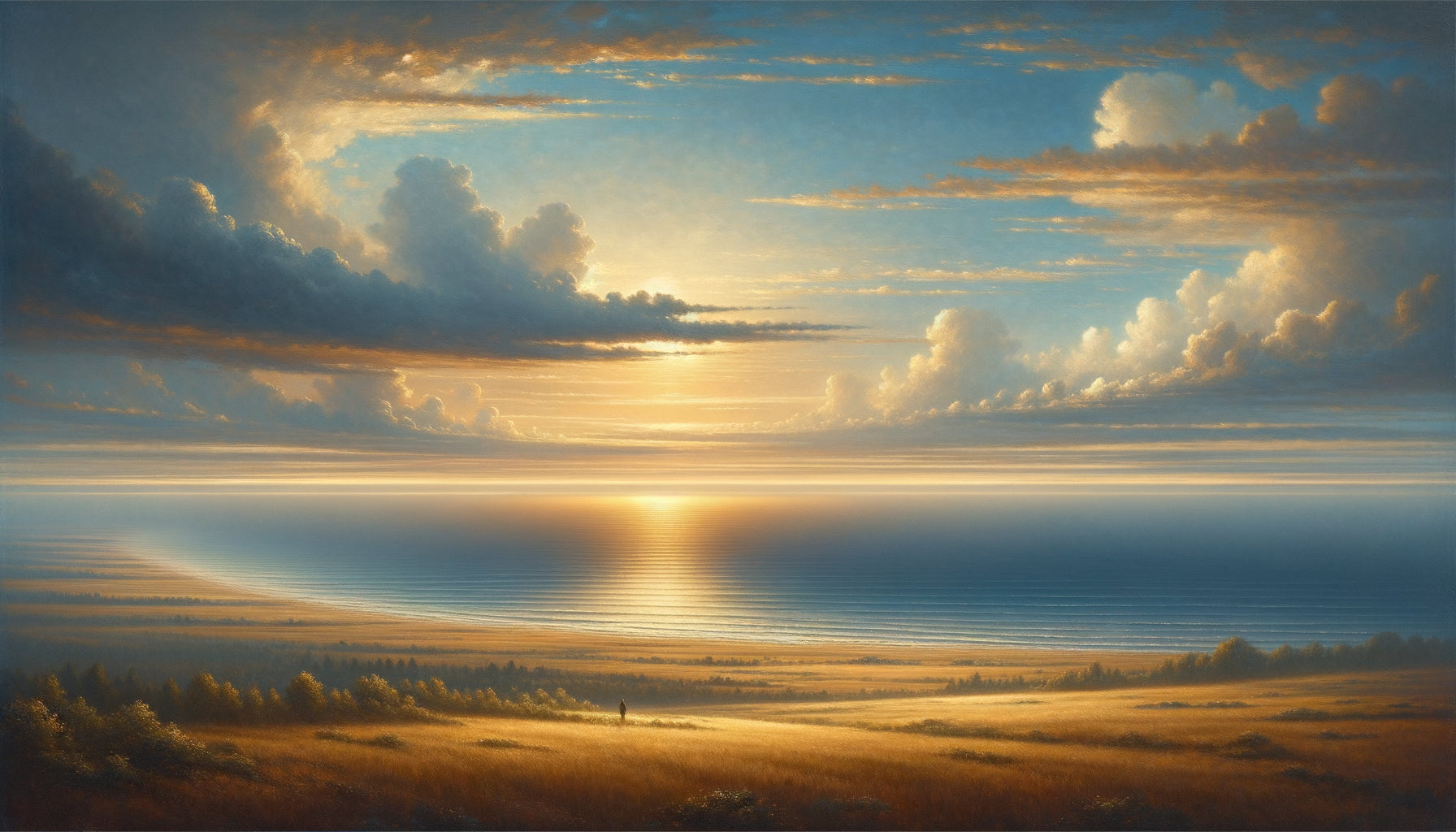 Peinture à l'huile de style romantique montrant un vaste horizon infini avec ligne d'horizon dominante créant un effet contemplatif apaisant
