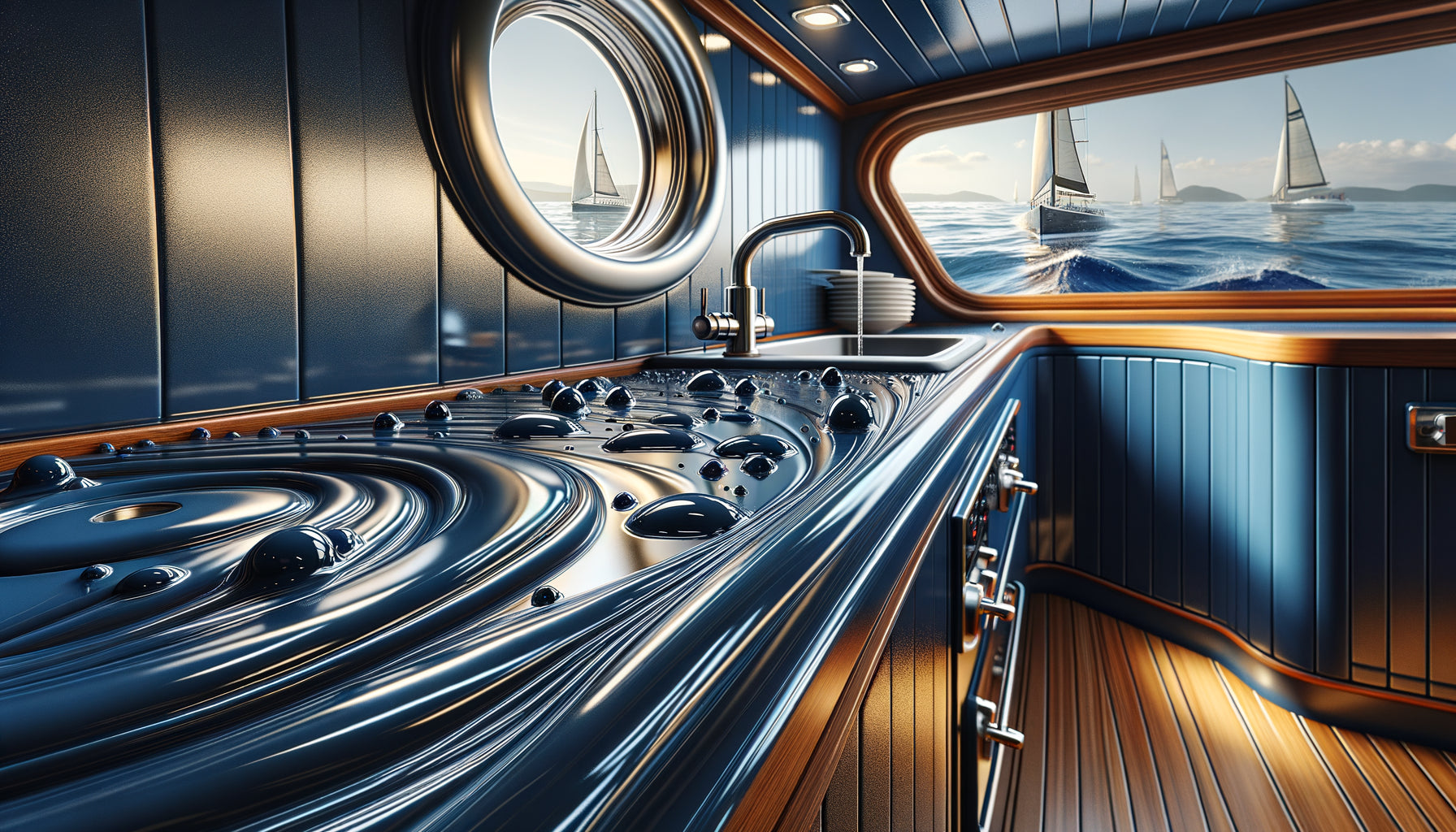 Cuisine de bateau avec finition vernis marin brillant sur peinture marine bleue, protection imperméable contre embruns