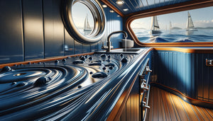 Cuisine de bateau avec finition vernis marin brillant sur peinture marine bleue, protection imperméable contre embruns