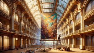 Peintre Belle Époque créant une œuvre monumentale sous verrière hôtelière, technique de valeurs tonales stratifiées adaptées à la lumière naturelle changeante