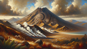 Peinture contemporaine néo-zélandaise de paysage volcanique intégrant spiritualité maorie et puissance géologique avec motifs traditionnels