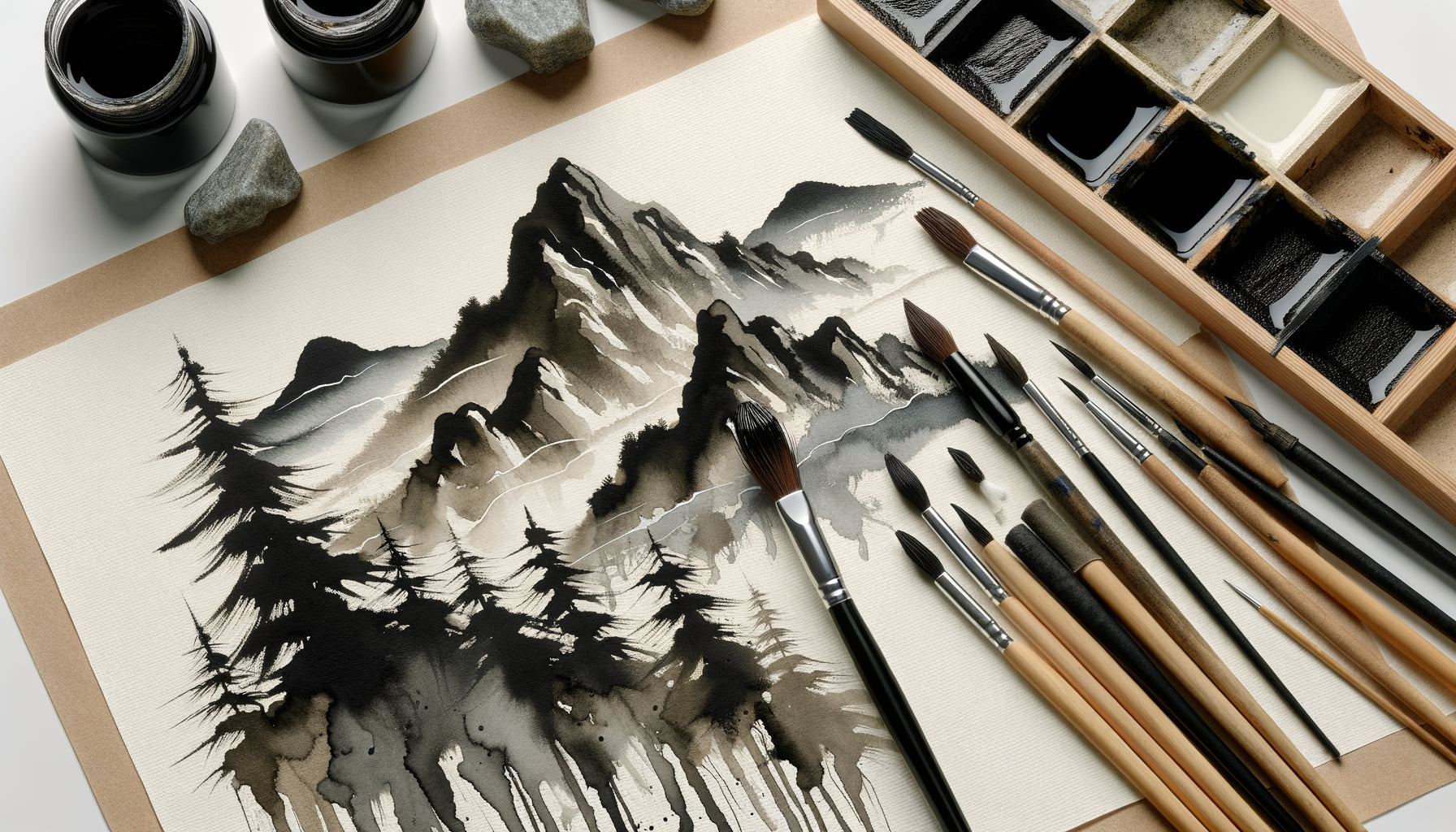 Peinture zen sumi-e montrant gradation d'encre du noir intense au gris transparent créant profondeur contemplative