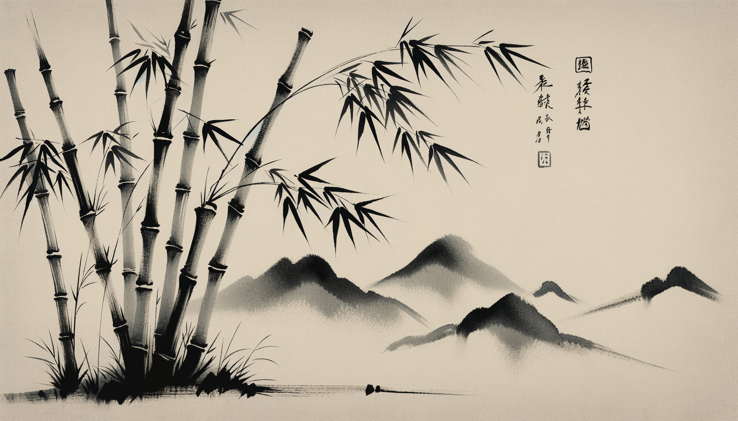 Peinture zen sumi-e japonaise traditionnelle minimaliste à l'encre noire sur papier blanc incarnant l'économie de moyens