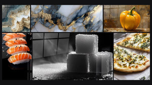 Mosaïque de six tableaux, dont Strates Ondulantes Bleu Gris et Beige, Sushi N°1 et Sucre N°1