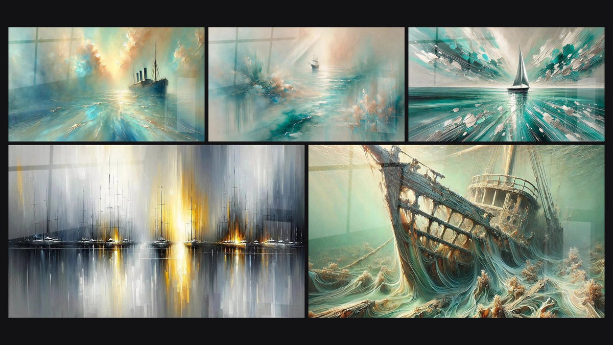 Mosaïque de cinq tableaux, dont Au Cœur de la Brise, Brume Éthérée et Lueurs sur l'Eau