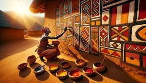 Artiste africaine peignant des motifs géométriques traditionnels sur mur d'argile en saison sèche avec pigments naturels
