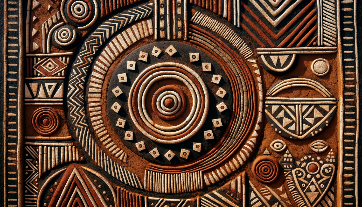 Peintures murales géométriques apotropaïques traditionnelles des monts Mandara, motifs sacrés en pigments naturels sur mur d'argile