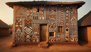 Façade de case manjak de Guinée-Bissau ornée de peintures murales géométriques traditionnelles codifiant l'appartenance clanique