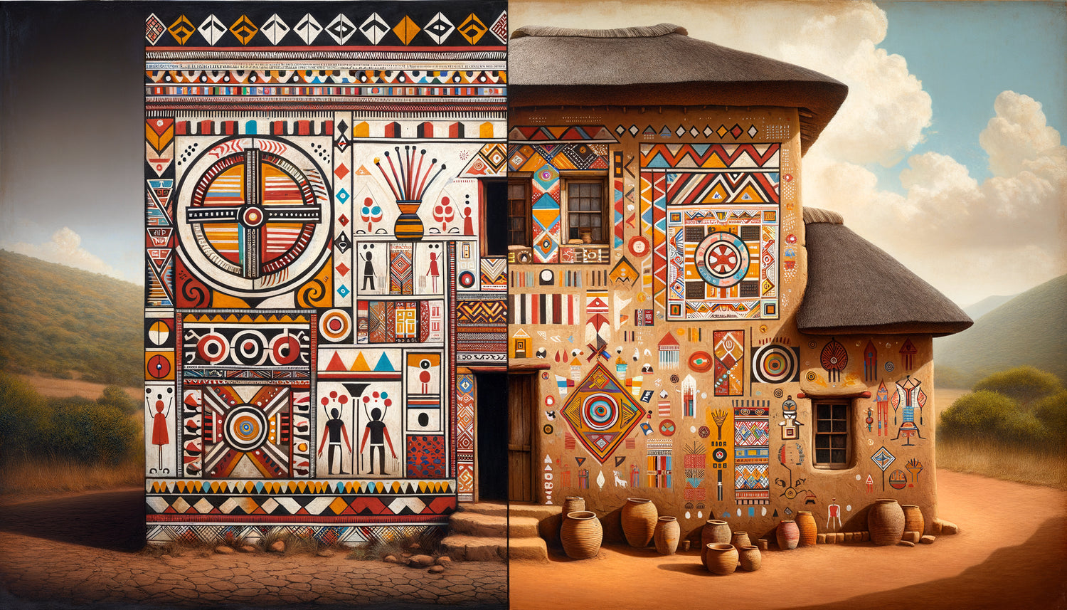 Comparaison de peintures murales africaines traditionnelles : motifs sacrés de chefferie versus décorations spontanées d'habitations villageoises