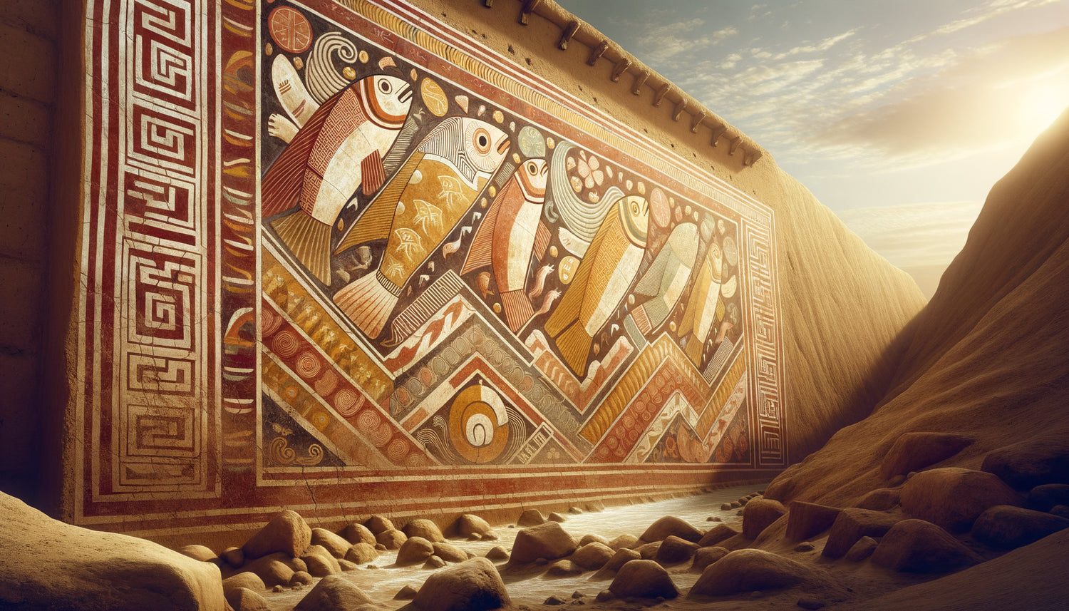 Peinture murale chimu précolombienne à Chan Chan montrant motifs géométriques et marins polychromes sur adobe ancien