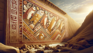 Peinture murale chimu précolombienne à Chan Chan montrant motifs géométriques et marins polychromes sur adobe ancien