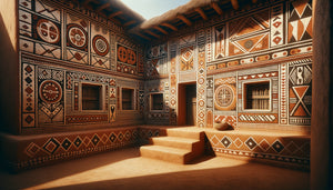 Peintures murales géométriques traditionnelles mandingues sur murs de concession familiale en terre, motifs symboliques ancestraux