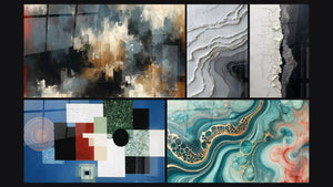 Mozaïek van vijf schilderijen, waaronder Georganiseerde Chaos en Geometrische Compositie Rationele Orde