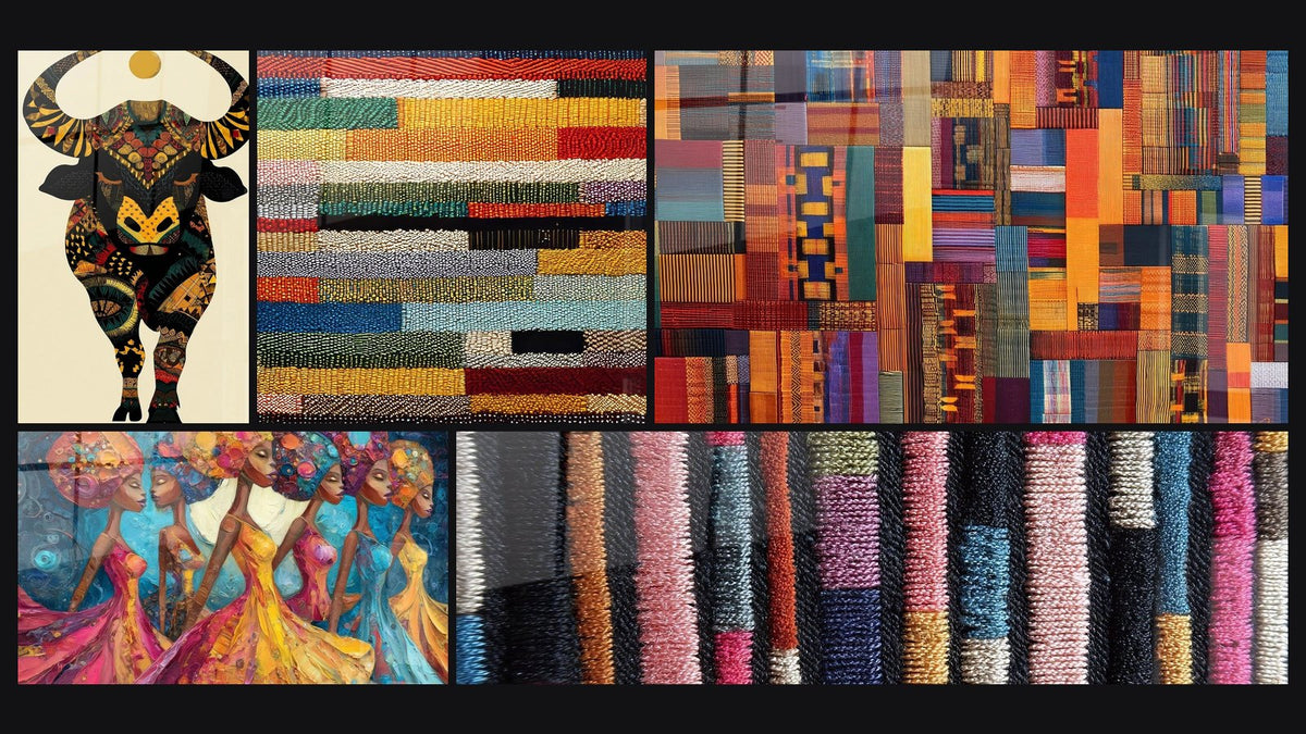 Mosaic of five paintings, including Buffalo Guardian of the Ancestors and Women Dancing Ceremonial Headdresses