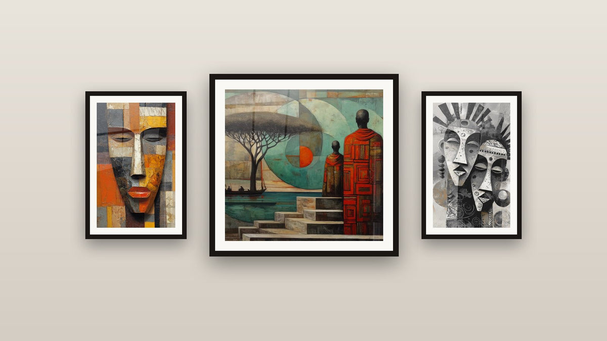 Gallery wall with three framed paintings: Silhouettes Transmitted Wisdom, Cubist Mask and Tribal Masks