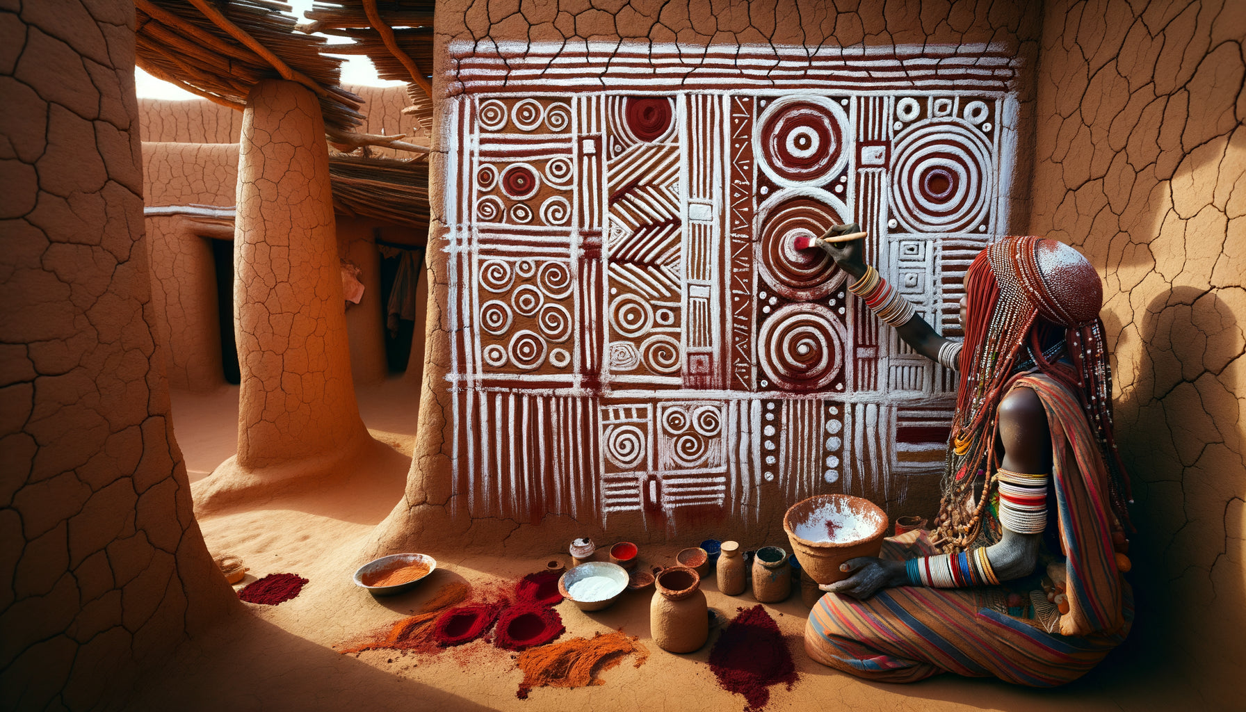 Peinture murale funéraire Lobi traditionnelle aux motifs géométriques sacrés sur mur d'argile au Burkina Faso