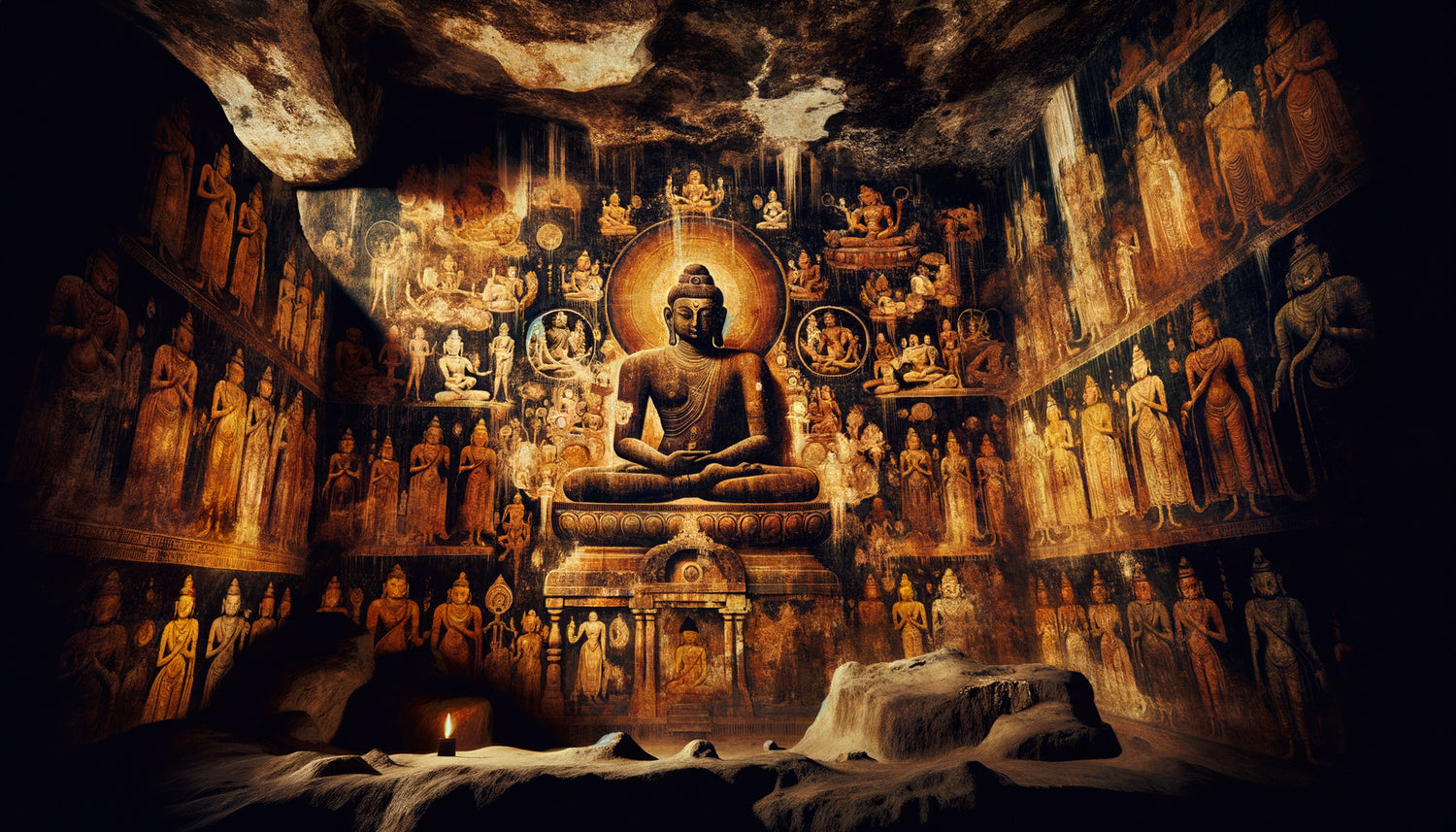 Fresque murale du VIe siècle des grottes d'Ellora utilisant le noir profond pour créer une illusion de profondeur spatiale