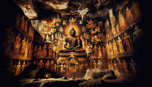 Fresque murale du VIe siècle des grottes d'Ellora utilisant le noir profond pour créer une illusion de profondeur spatiale