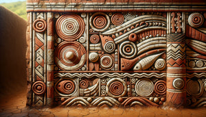 Mur d'argile kotoko orné de motifs aquatiques stylisés traditionnels, pigments naturels ocre et blanc, art mural ancestral