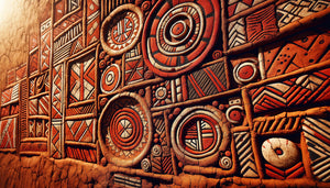 Mur traditionnel maasaï décoré de motifs géométriques peints à l'ocre rouge, technique ancestrale d'Afrique de l'Est