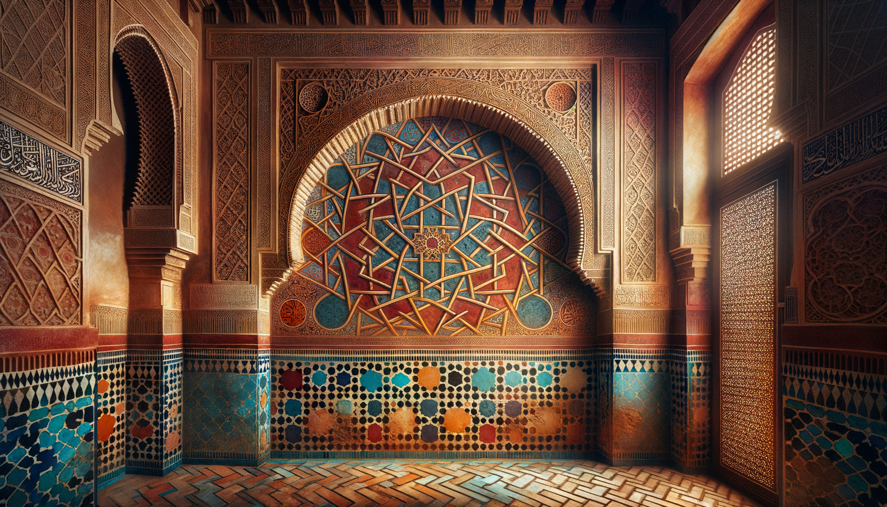 Peinture murale almoravide du 12ème siècle, motifs géométriques islamiques et arabesques caractéristiques des palais de Marrakech médiéval