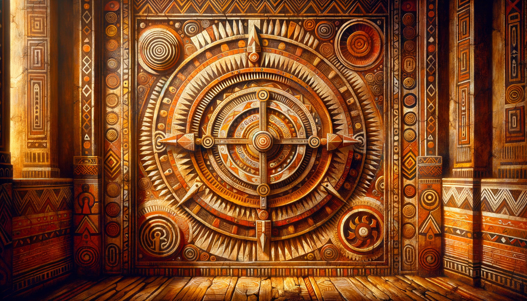 Peinture murale austronésienne du palais royal d'Antananarivo avec motifs géométriques et spirales sacrées ocre-rouge, période Merina