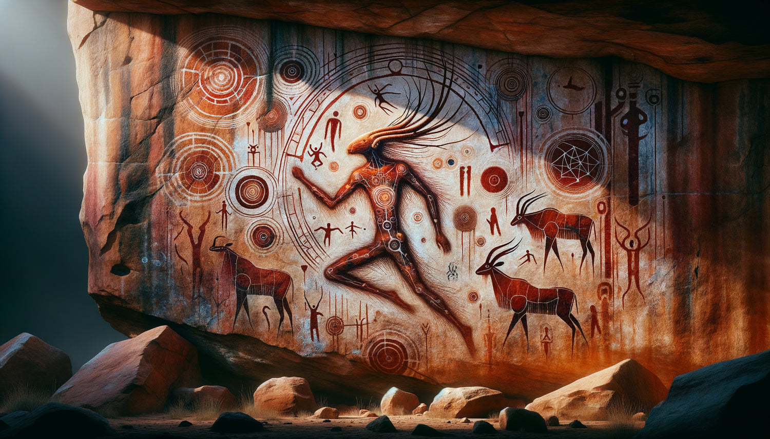 Peinture rupestre San authentique montrant une scène chamanique de transe avec figures therianthropes et esprits animaux, art préhistorique d'Afrique australe