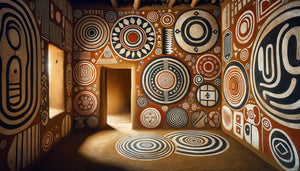 Peinture murale traditionnelle de sanctuaire orisha yoruba au Nigeria avec symboles géométriques sacrés et pigments rituels