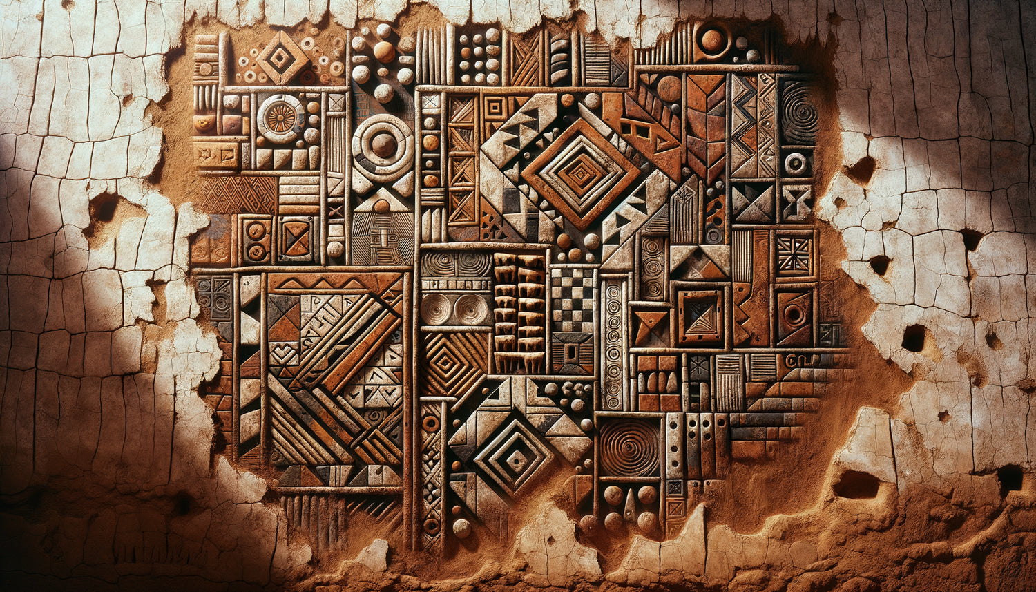 Peinture murale ancestrale africaine en terre crue sur mur d'argile, pigments naturels ocre et rouge, motifs géométriques traditionnels, texture fragile altérée