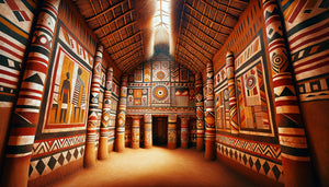 Peintures murales traditionnelles éclatantes dans une tombe royale du Buganda, motifs géométriques et symboliques en pigments naturels, style pré-colonial ougandais